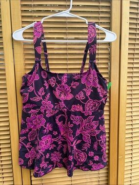 Lands' End Purple Swim Top with Hot Pink Floral Print 10/12 size